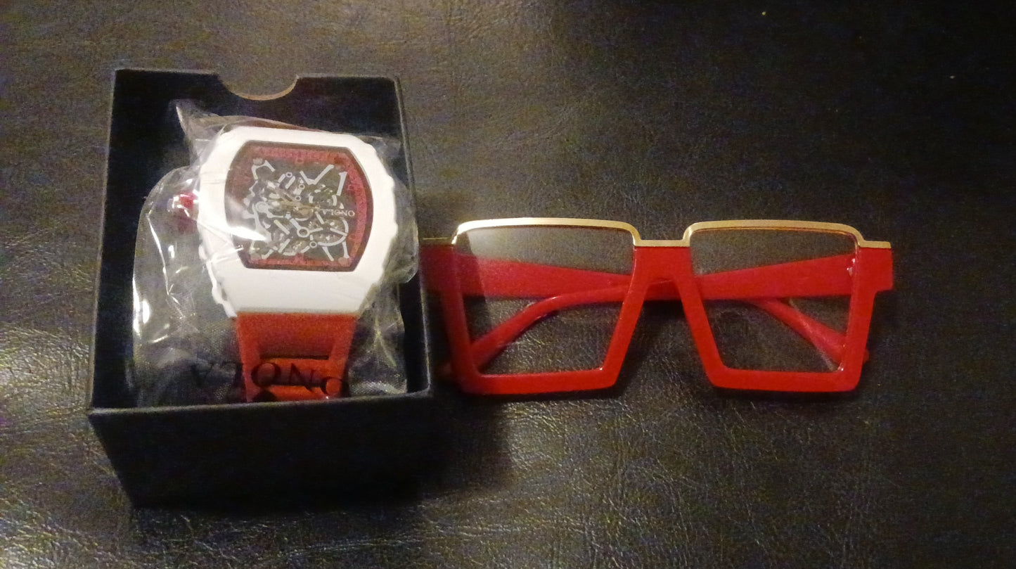 Onola Mens Watch with Fashion glasses Red with Gold Trim Clear lens